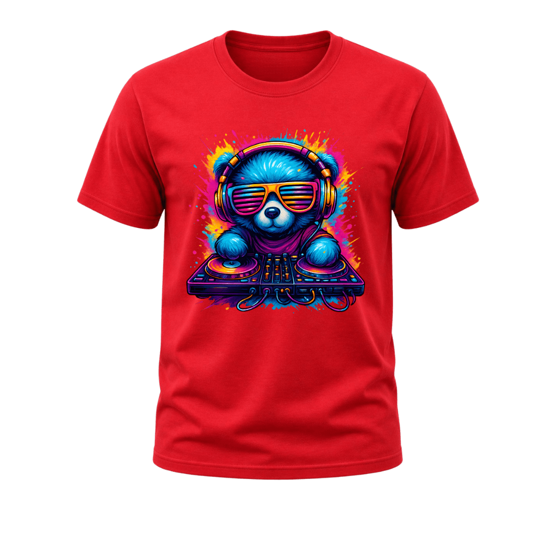 Red men’s T shirt featuring an electric blue DJ bear with sunglasses, headphones and bright neon turntables