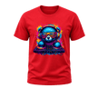 Red men’s T shirt featuring an electric blue DJ bear with sunglasses, headphones and bright neon turntables