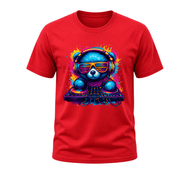 Red men’s T shirt featuring an electric blue DJ bear with sunglasses, headphones and bright neon turntables