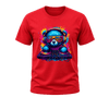 Red men’s T shirt featuring an electric blue DJ bear with sunglasses, headphones and bright neon turntables