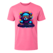 Azalea pink men’s graphic T shirt featuring a colourful neon blue DJ bear wearing headphones and sunglasses at turntables