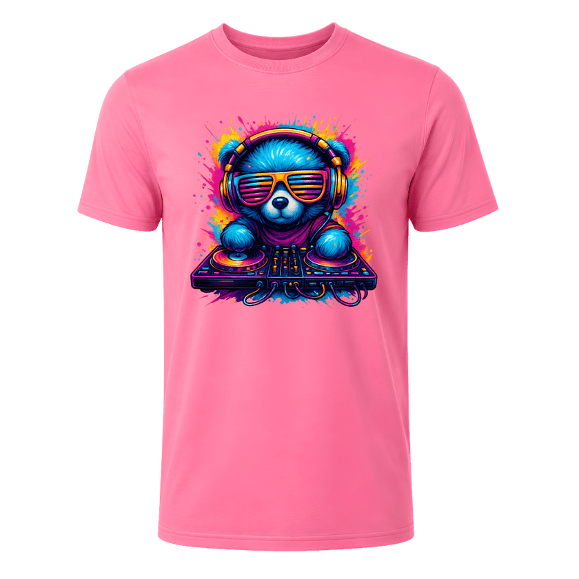 Azalea pink men’s graphic T shirt featuring a colourful neon blue DJ bear wearing headphones and sunglasses at turntables