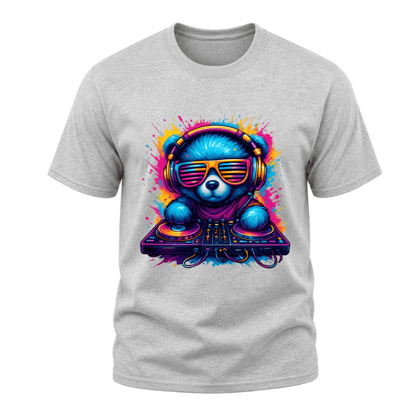 Sport grey men’s graphic T shirt with colourful DJ bear illustration for music lovers and casual everyday outfits