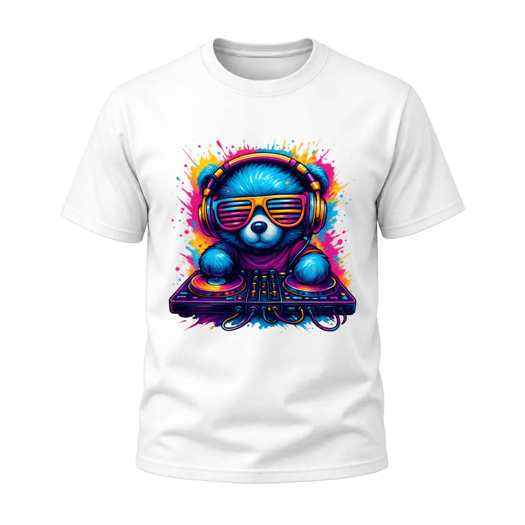 White men’s graphic tee featuring a bright blue DJ bear wearing neon sunglasses and headphones behind colourful DJ decks