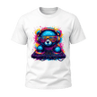 White men’s graphic tee featuring a bright blue DJ bear wearing neon sunglasses and headphones behind colourful DJ decks