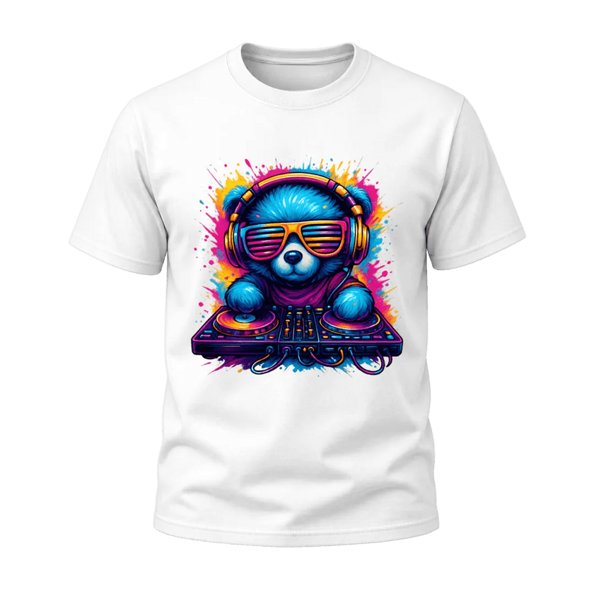 White men’s graphic tee featuring a bright blue DJ bear wearing neon sunglasses and headphones behind colourful DJ decks