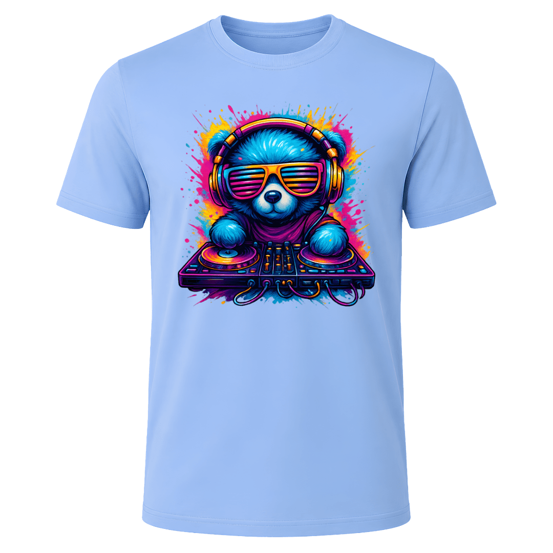 Carolina Blue men’s DJ bear T shirt featuring vibrant neon artwork with sunglasses, headphones and turntables