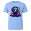 Carolina Blue men’s DJ bear T shirt featuring vibrant neon artwork with sunglasses, headphones and turntables