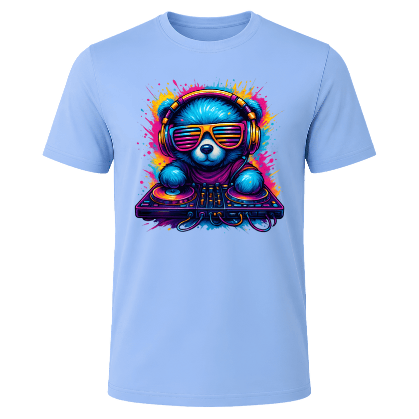 Carolina Blue men’s DJ bear T shirt featuring vibrant neon artwork with sunglasses, headphones and turntables