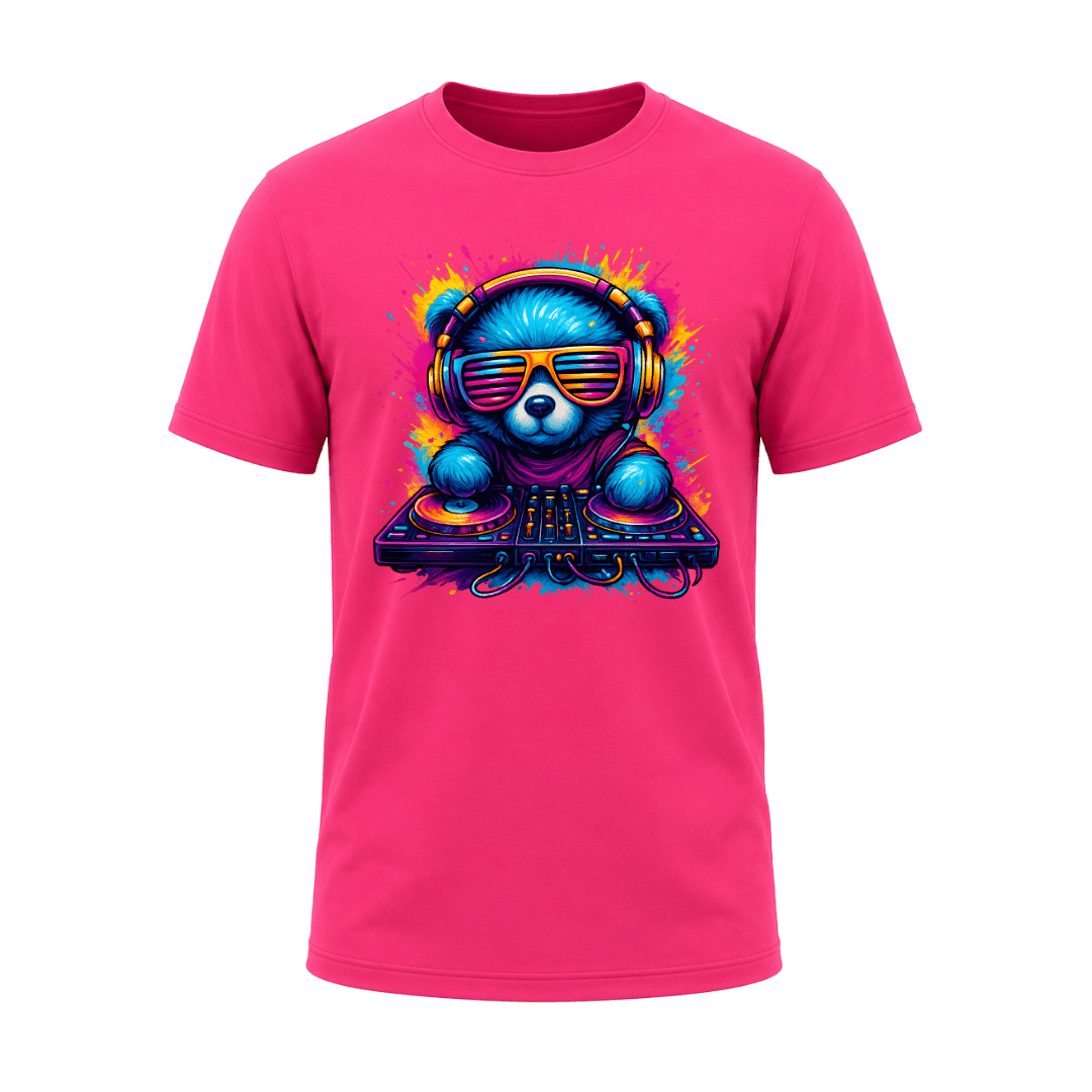 Heliconia pink men’s graphic T shirt with colourful DJ bear wearing headphones and sunglasses behind music decks