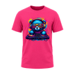 Heliconia pink men’s graphic T shirt with colourful DJ bear wearing headphones and sunglasses behind music decks