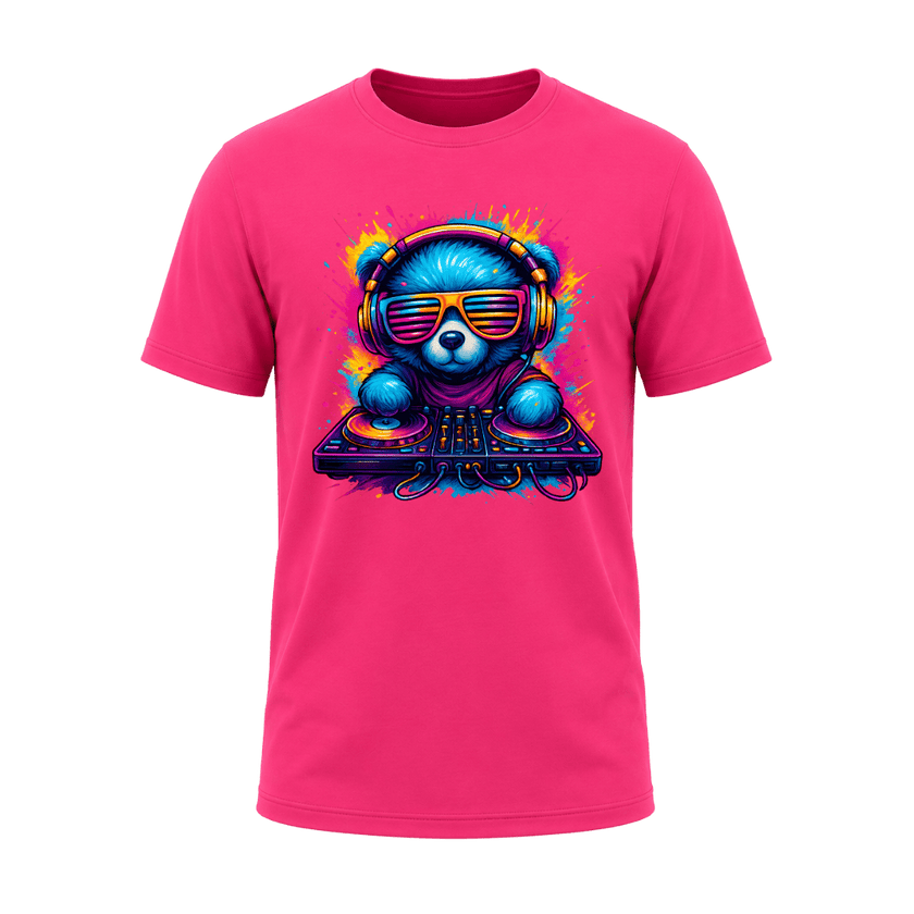 Heliconia pink men’s graphic T shirt with colourful DJ bear wearing headphones and sunglasses behind music decks