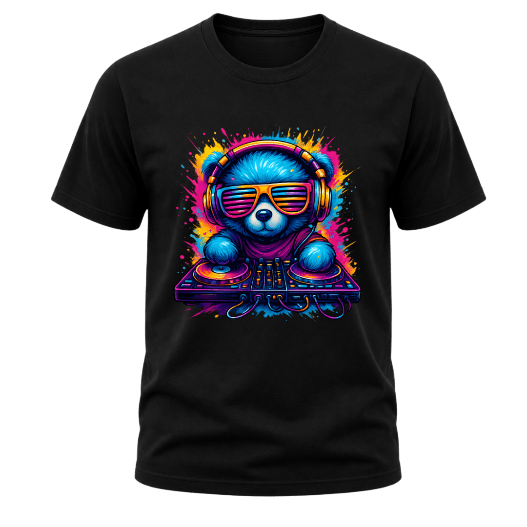 Black men’s graphic T shirt featuring a bright neon DJ bear with headphones and colourful music equipment