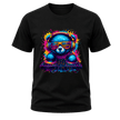 Black men’s graphic T shirt featuring a bright neon DJ bear with headphones and colourful music equipment