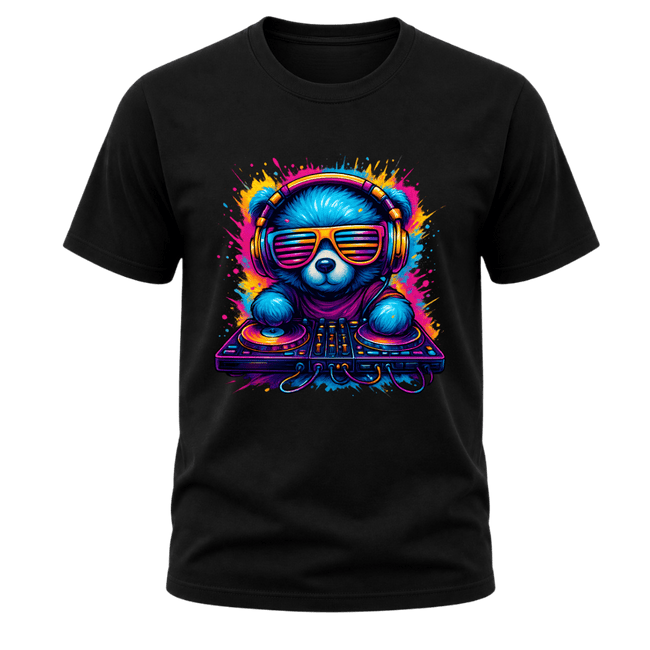 Black men’s graphic T shirt featuring a bright neon DJ bear with headphones and colourful music equipment