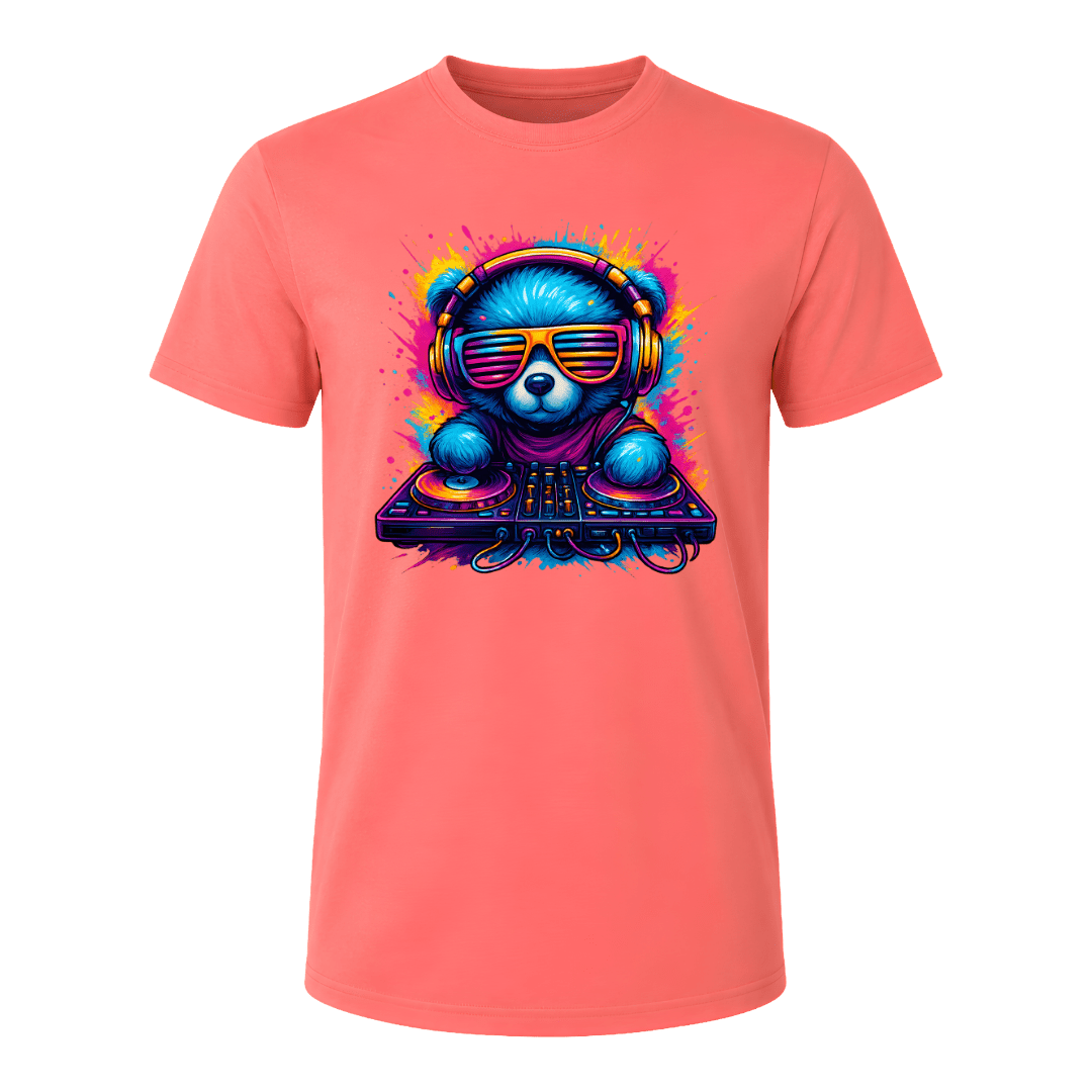 Coral Silk men’s T shirt with vibrant DJ bear graphic in neon blue, pink, orange and purple for music lovers