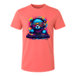 Coral Silk men’s T shirt with vibrant DJ bear graphic in neon blue, pink, orange and purple for music lovers