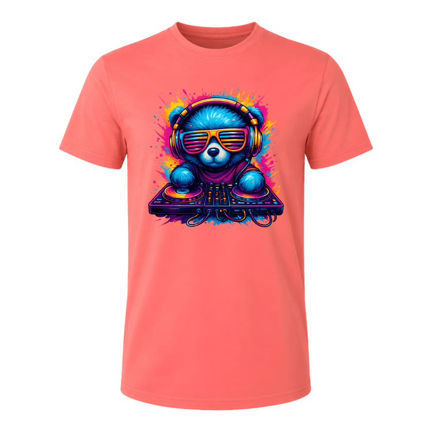 Coral Silk men’s T shirt with vibrant DJ bear graphic in neon blue, pink, orange and purple for music lovers