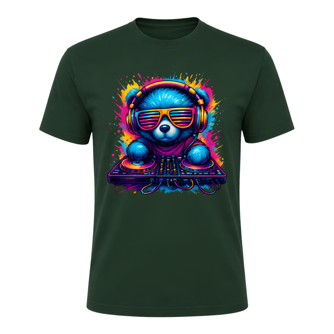 Forest green men’s music T shirt featuring a bright blue DJ bear surrounded by vibrant neon paint splash colours
