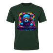 Forest green men’s music T shirt featuring a bright blue DJ bear surrounded by vibrant neon paint splash colours