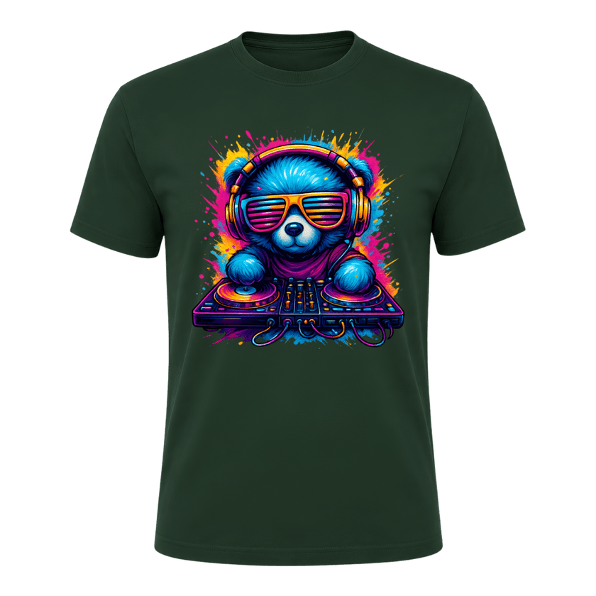 Forest green men’s music T shirt featuring a bright blue DJ bear surrounded by vibrant neon paint splash colours