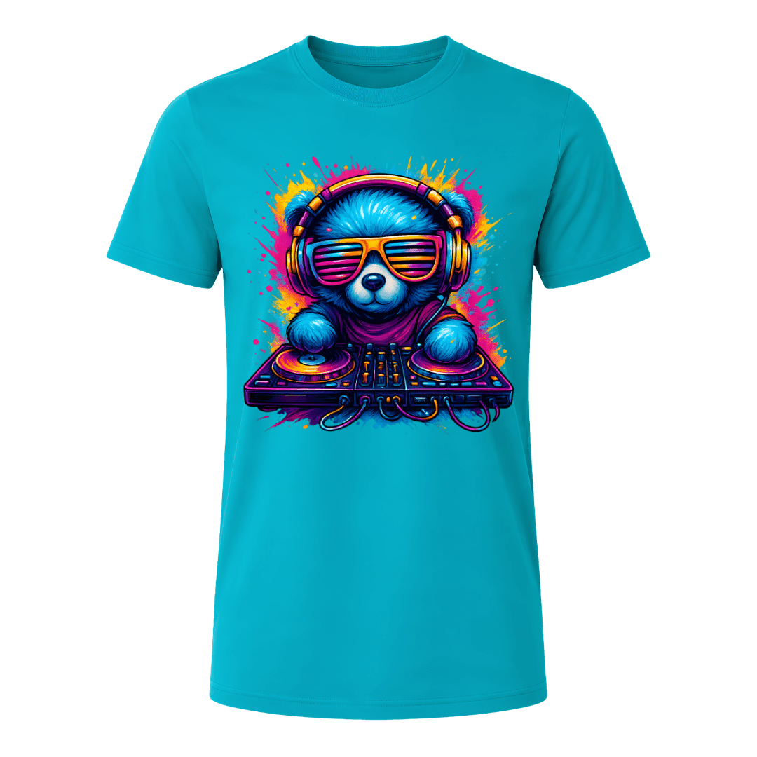 Jade Dome men’s DJ shirt featuring a neon blue bear with vibrant headphones, shades and colourful DJ equipment