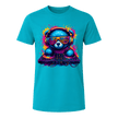 Jade Dome men’s DJ shirt featuring a neon blue bear with vibrant headphones, shades and colourful DJ equipment