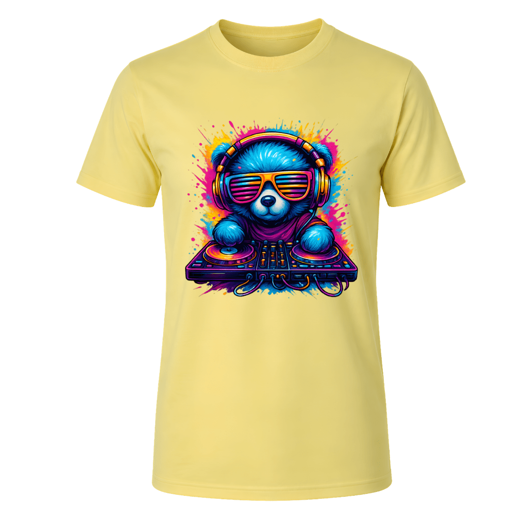 Corn Silk yellow men’s graphic tee featuring a cute neon DJ bear with headphones, sunglasses and colourful turntables
