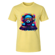 Corn Silk yellow men’s graphic tee featuring a cute neon DJ bear with headphones, sunglasses and colourful turntables