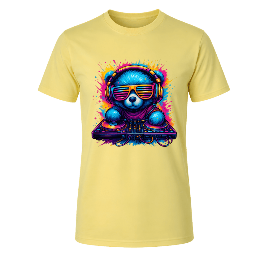 Corn Silk yellow men’s graphic tee featuring a cute neon DJ bear with headphones, sunglasses and colourful turntables