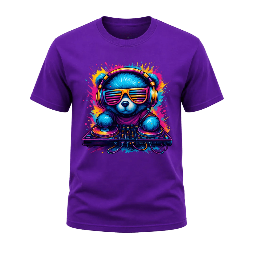 Purple men’s graphic tee with colourful neon DJ bear design for music lovers, festival fans and casual wear