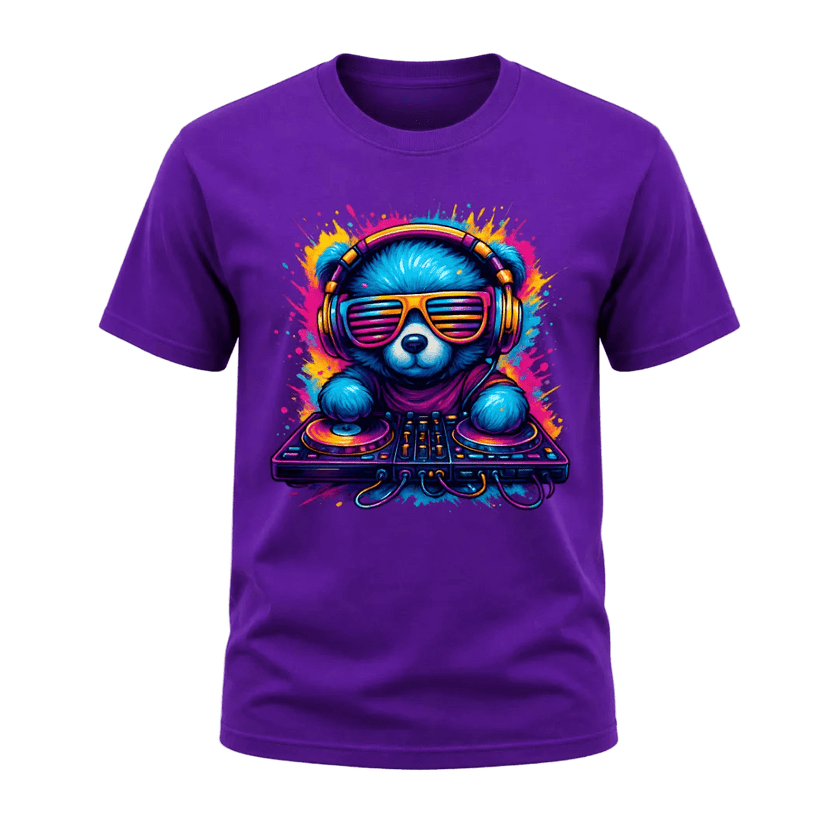 Purple men’s graphic tee with colourful neon DJ bear design for music lovers, festival fans and casual wear