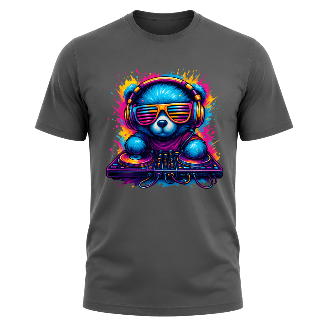 Charcoal grey men’s graphic tee featuring colourful blue DJ bear artwork with vibrant neon music inspired details