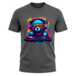 Charcoal grey men’s graphic tee featuring colourful blue DJ bear artwork with vibrant neon music inspired details