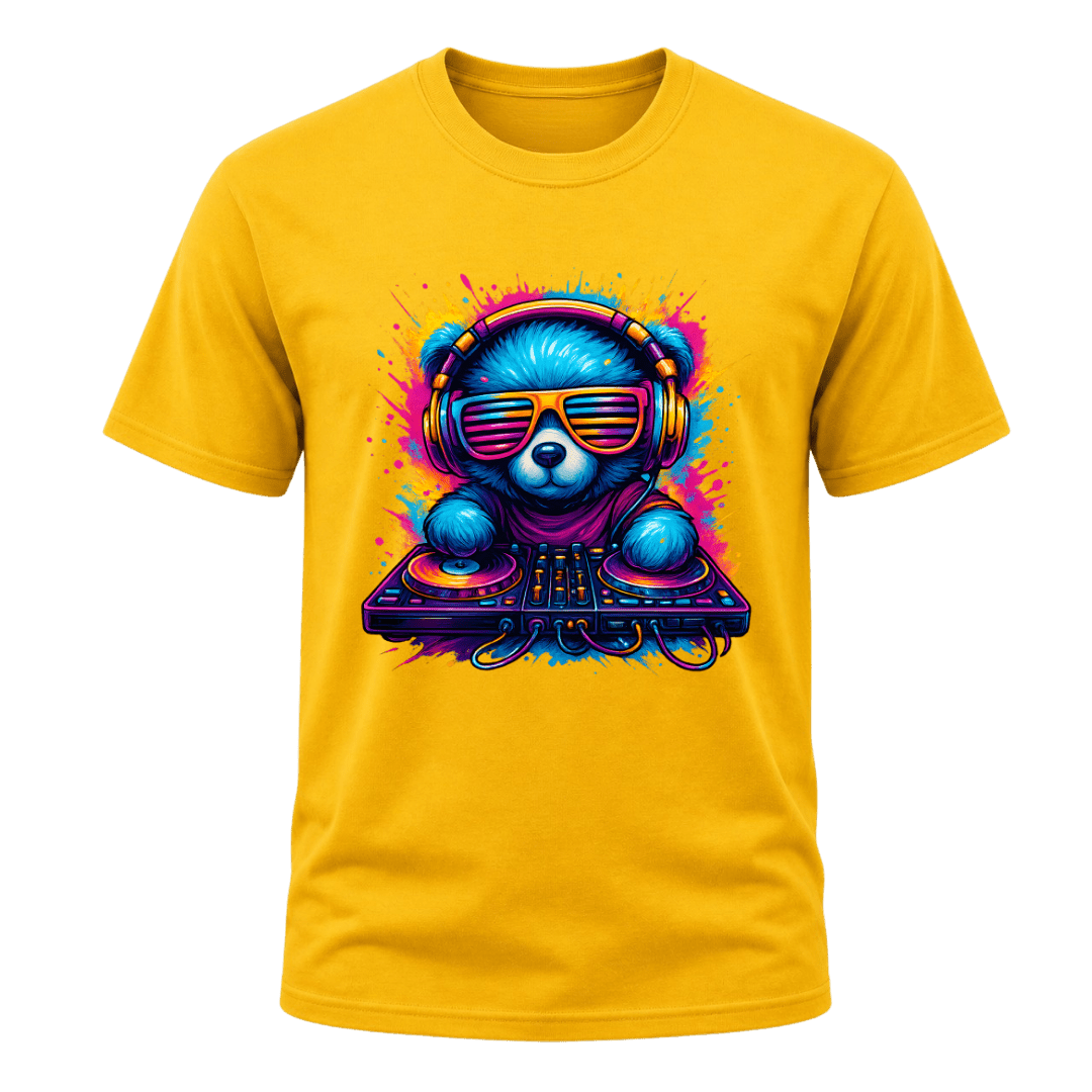 Yellow men’s music lover graphic T shirt with vibrant blue DJ bear and colourful pink, orange and purple details