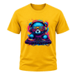 Yellow men’s music lover graphic T shirt with vibrant blue DJ bear and colourful pink, orange and purple details