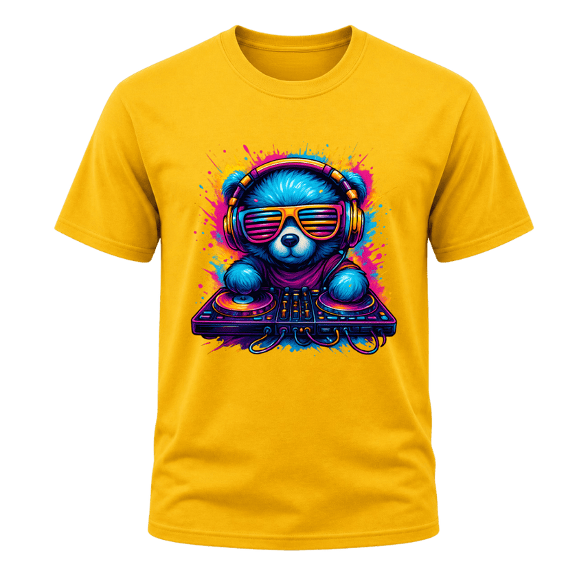 Yellow men’s music lover graphic T shirt with vibrant blue DJ bear and colourful pink, orange and purple details