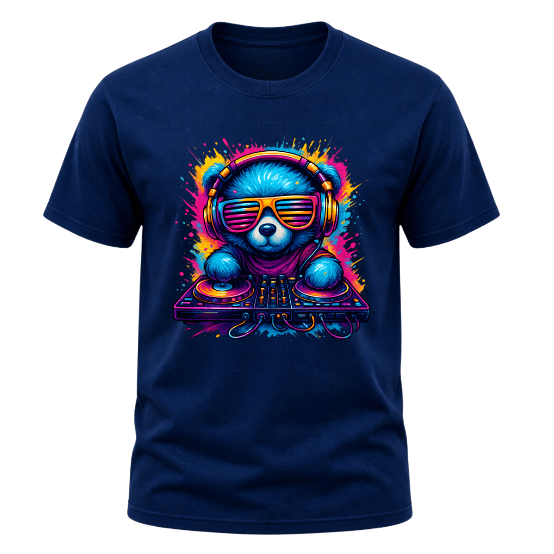 Navy men’s music graphic T shirt featuring a neon blue DJ bear with bright headphones, sunglasses and turntables