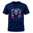 Navy men’s music graphic T shirt featuring a neon blue DJ bear with bright headphones, sunglasses and turntables