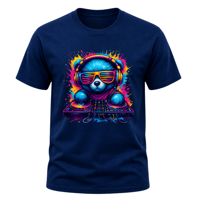 Navy men’s music graphic T shirt featuring a neon blue DJ bear with bright headphones, sunglasses and turntables