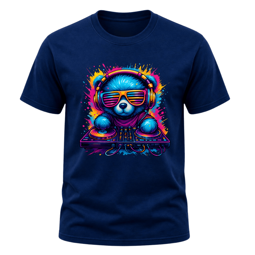 Navy men’s music graphic T shirt featuring a neon blue DJ bear with bright headphones, sunglasses and turntables