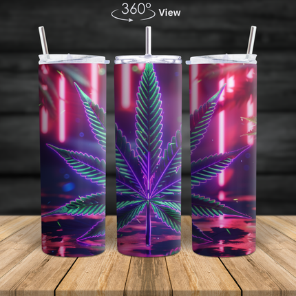 20oz neon leaf skinny tumbler with vibrant 360 degree wrap design on stainless steel cup with lid and straw