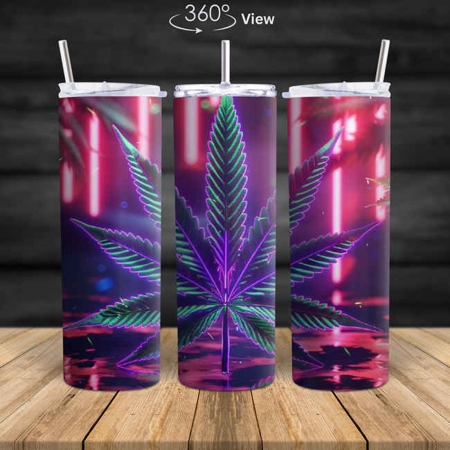 20oz neon leaf skinny tumbler with vibrant 360 degree wrap design on stainless steel cup with lid and straw