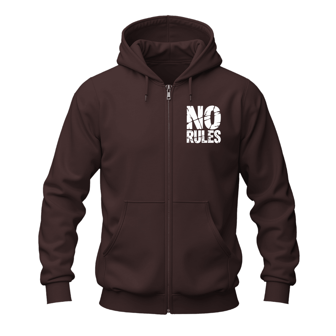 A dark brown zip-up hoodie with a white distressed graphic reading 'NO RULES' on the left chest, shown on a plain white background.