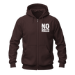 A dark brown zip-up hoodie with a white distressed graphic reading 'NO RULES' on the left chest, shown on a plain white background.