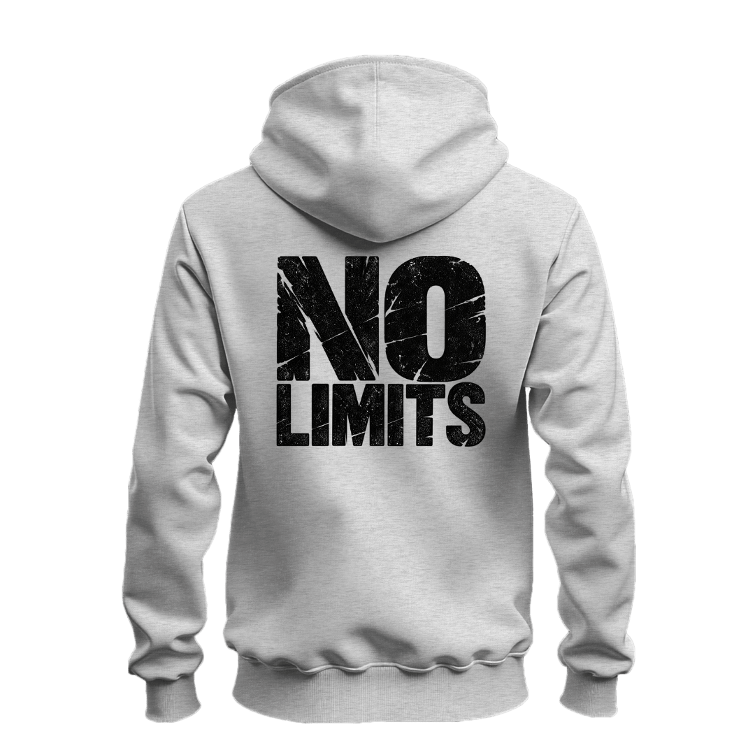 A light gray heather pullover hoodie shown from the back, featuring a large distressed black graphic print that reads 'NO LIMITS' across the upper back.