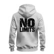 A light gray heather pullover hoodie shown from the back, featuring a large distressed black graphic print that reads 'NO LIMITS' across the upper back.