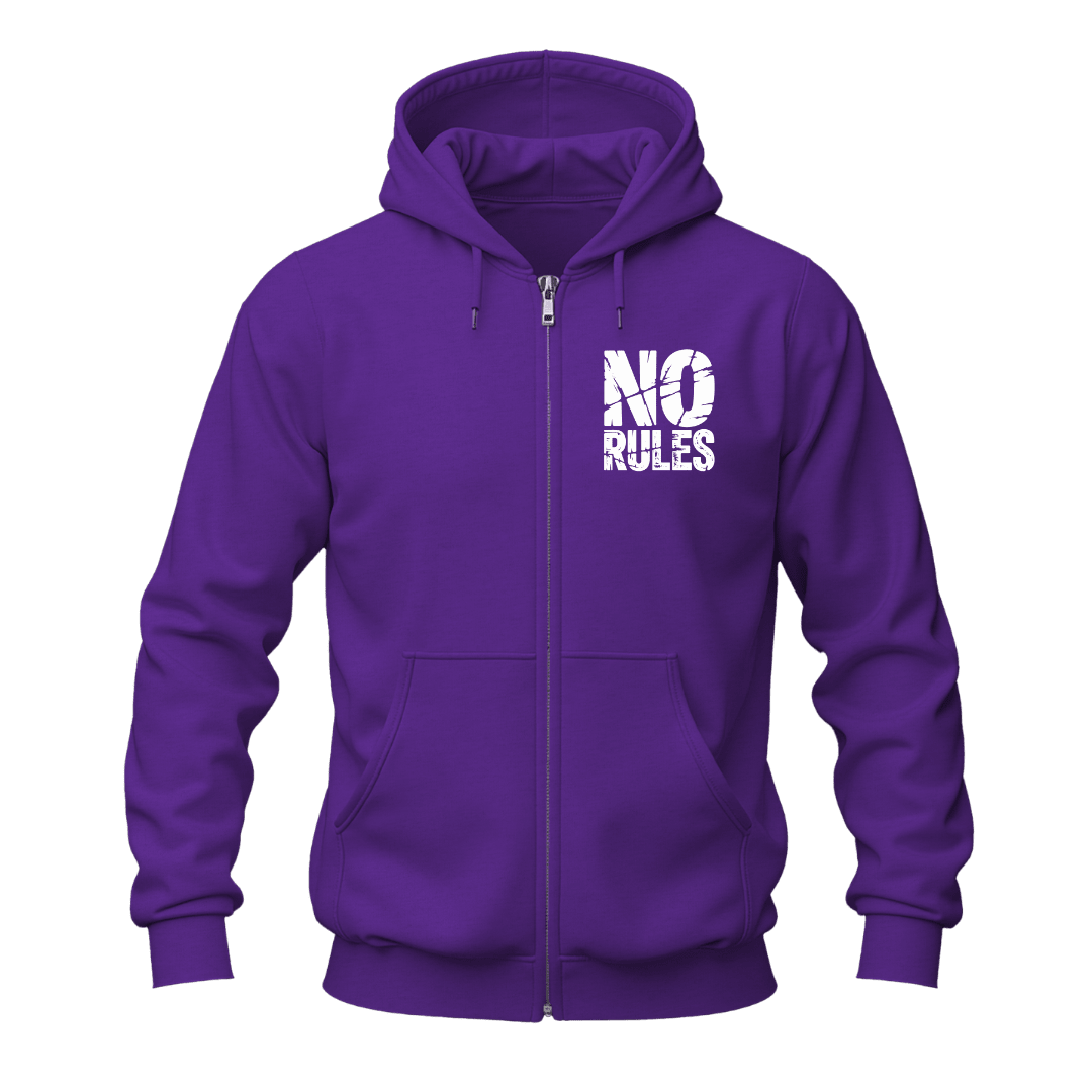 Purple No Rules zip hoodie front view featuring bold white chest artwork on a full zip motivational streetwear hoodie.