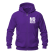 Purple No Rules zip hoodie front view featuring bold white chest artwork on a full zip motivational streetwear hoodie.