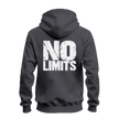 Dark heather No Rules zip up hoodie featuring a white chest graphic and oversized No Limits motivational back print